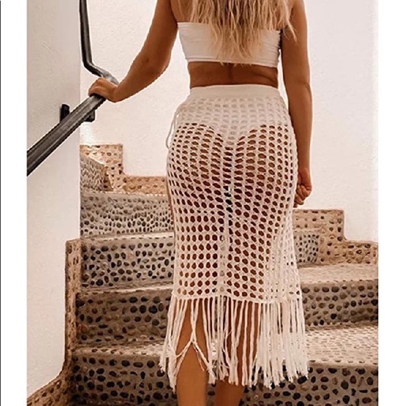White Fringe Crochet Boho Beach Skirt Coverup - Picture 7 of 8